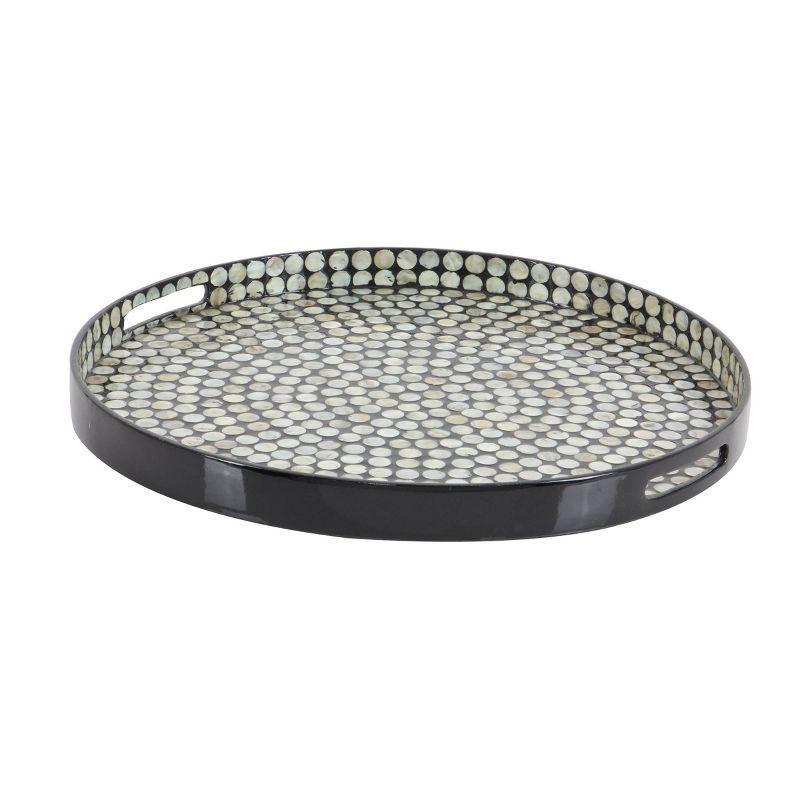 Olivia & May 3" x 24" Round Lacquer and Shell Tray with Handles Black/White : Coastal Style Decorative Platter