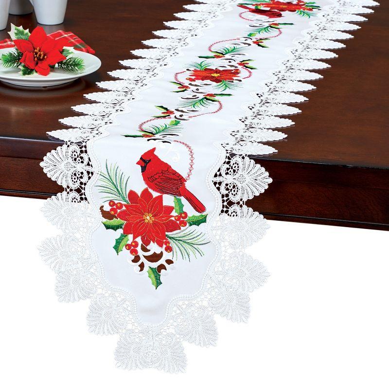 Holiday Cardinals and Poinsettia Embroidered Polyester Table Runner