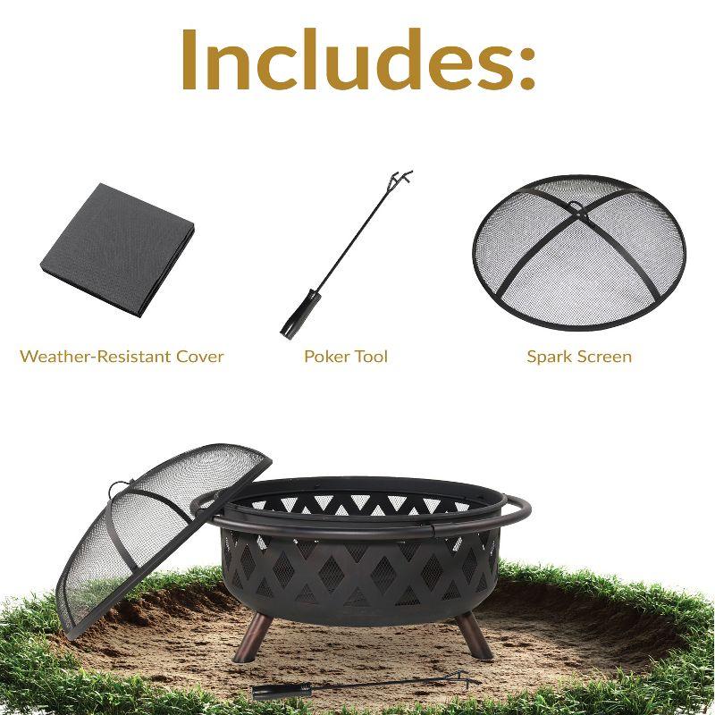 Sunnydaze Outdoor Camping or Backyard Round Crossweave Cut Out Fire Pit with Spark Screen, Log Poker, and Cover - 36"