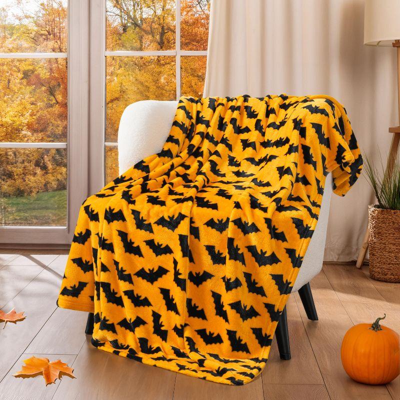 Halloween Bat Pattern Fleece Throw Blanket, 50x60, Orange and Black