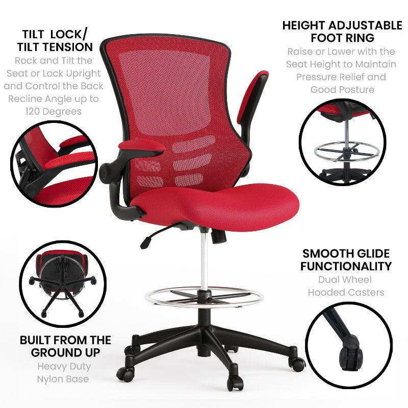 Emma and Oliver Mid-Back Red Mesh Ergonomic Drafting Chair with Foot Ring and Flip-Up Arms