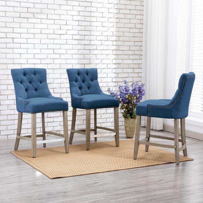 Blue Linen Tufted Wingback Counter Stool Set with Antique Gray Legs