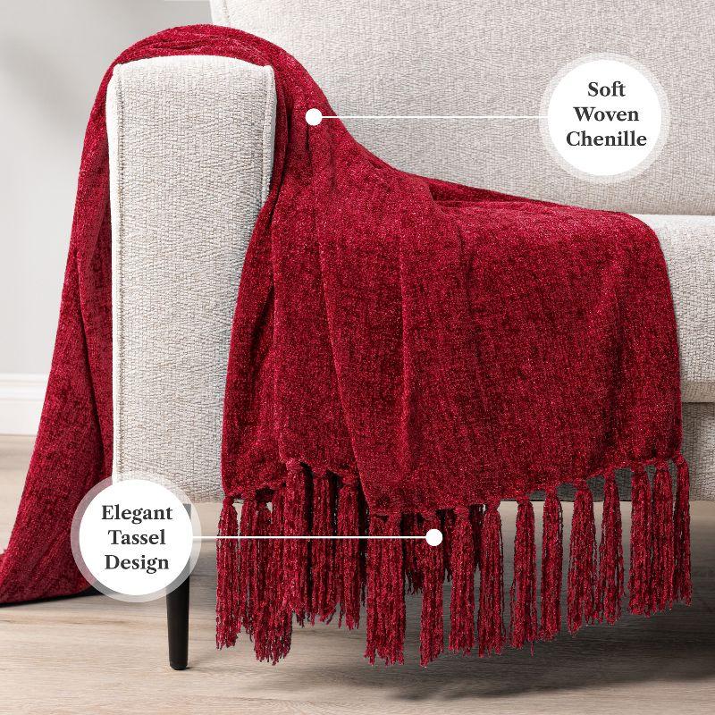 PAVILIA Chenille Throw Blanket with Woven Knitted Tassel Fringe for Couch, Living Room Decor and Bed