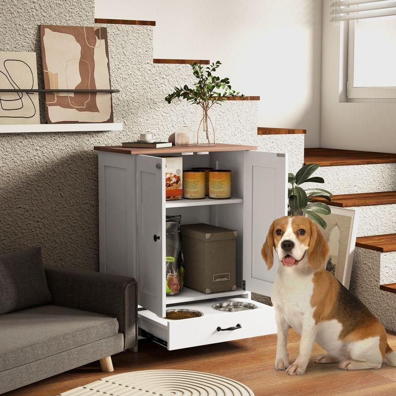 White Elevated Dog Feeding Station with Storage Cabinet