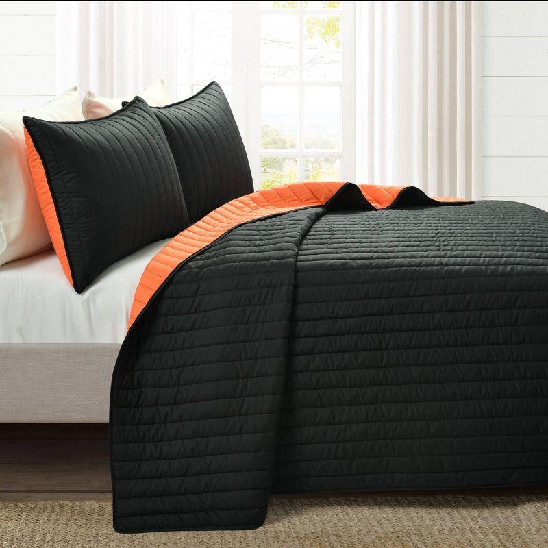 Reversible Black and Orange Microfiber Quilt Set Full/Queen Size