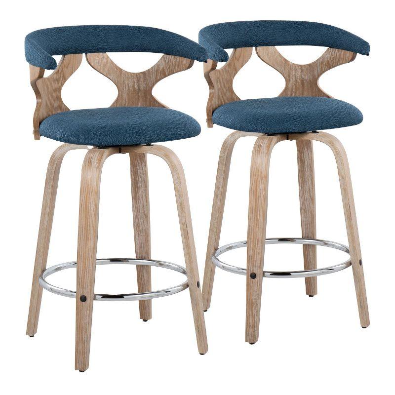 Gardenia 26" White Washed Wood and Blue Swivel Counter Stool Set