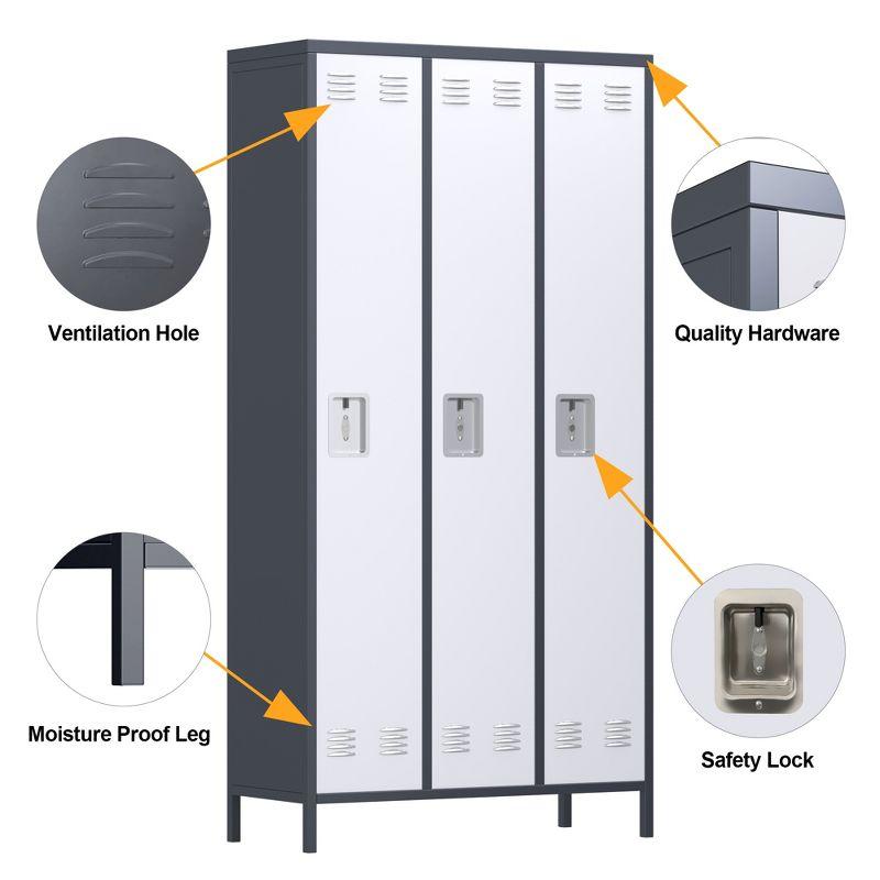 AOBABO 3 Door Steel Storage Cabinet Metal Industrial Locker with 2 Shelves for Employees, School, Office, Gym, or Bedroom, Gray