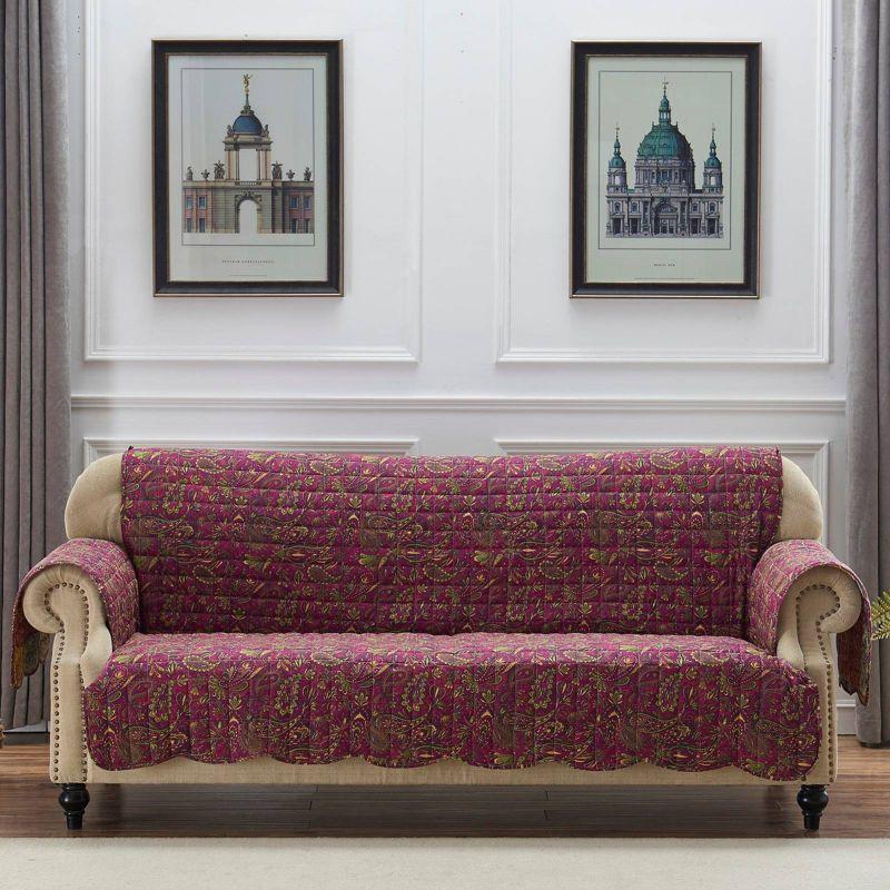 Reversible Paisley Slumber Sofa Furniture Protector Slipcover Purple - Greenland Home Fashions: Elastic Strap, Machine Washable
