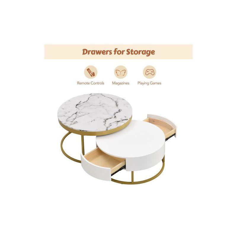 Modern Round Nesting Coffee Table with Drawers, White