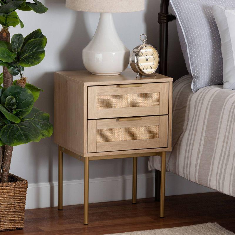 Japandi Light Brown Wood and Gold Metal 2-Drawer End Table with Rattan Fronts