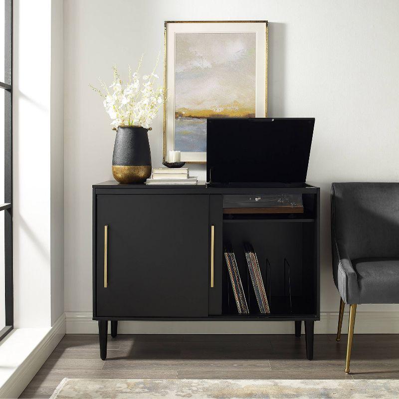 Everett Media Console Matte Black - Crosley: Hinged Lid, Hardwood, Wire Dividers