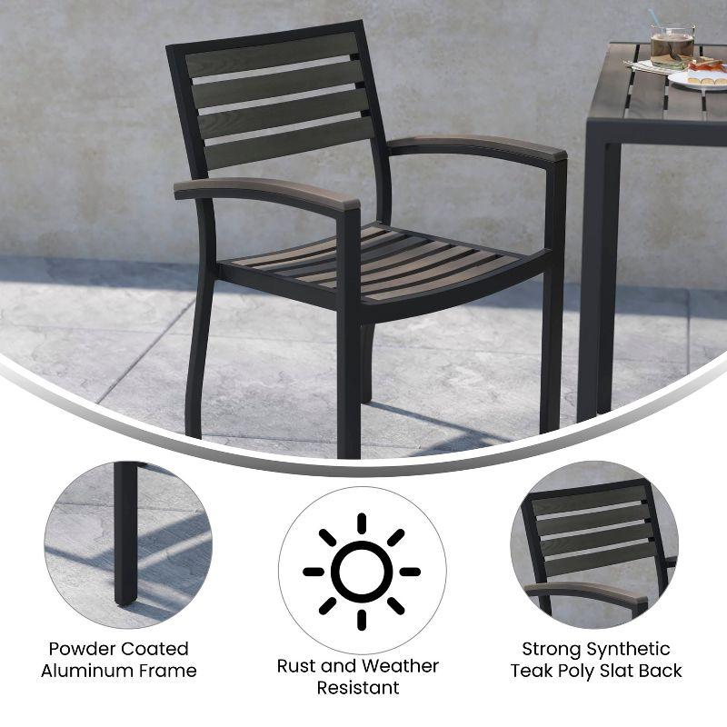 Flash Furniture 2 Pack All-Weather Black Aluminum Patio Stack Chairs - Gray Wash Faux Teak Slats