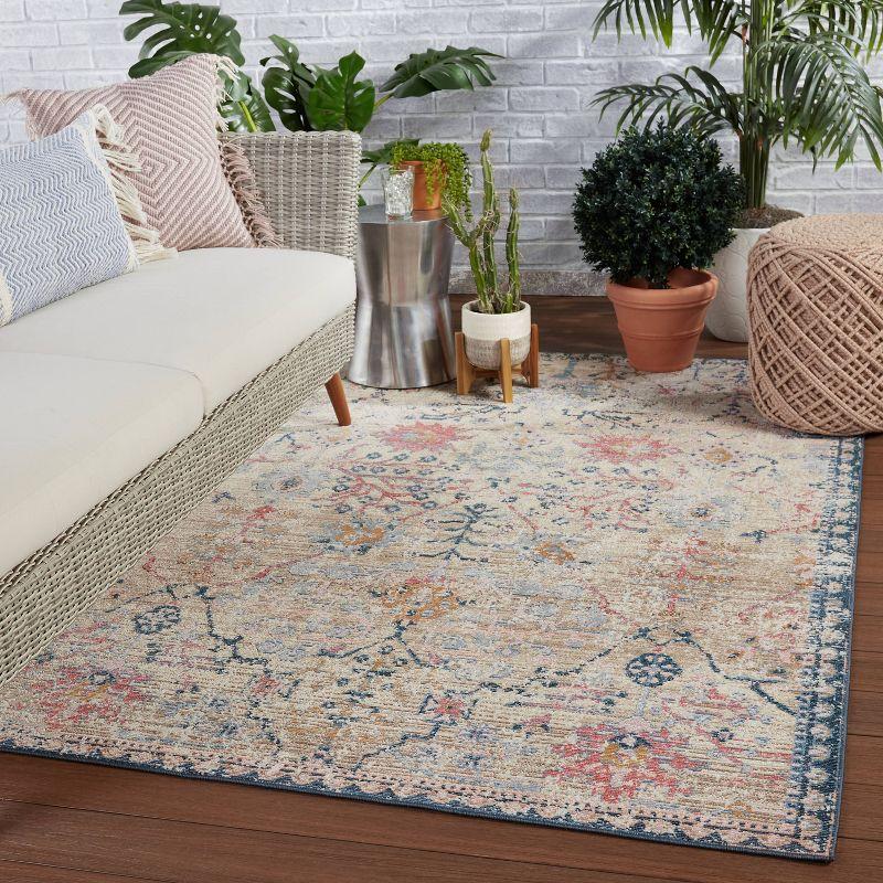 9'6"x12'7" Elva Indoor/Outdoor Oriental Area Rug Tan/Blue - Jaipur Living: Traditional Floral Medium Pile Rug