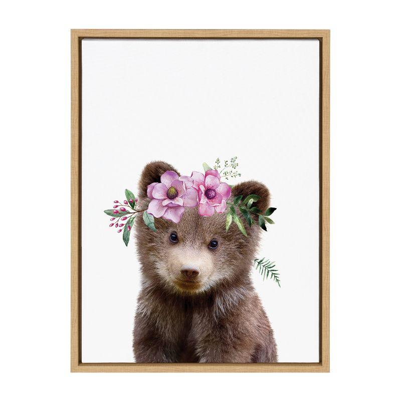 Flower Crown Bear Framed Canvas Wall Art for Nursery, 18x24 Natural