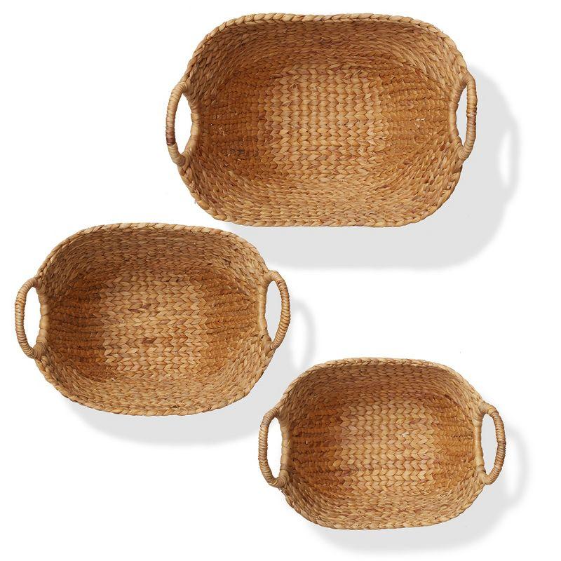 Casafield Set of 3 Water Hyacinth Boat Baskets with Handles, Woven Storage Organizers for Blankets, Laundry, Bathroom, Bedroom, Living Room