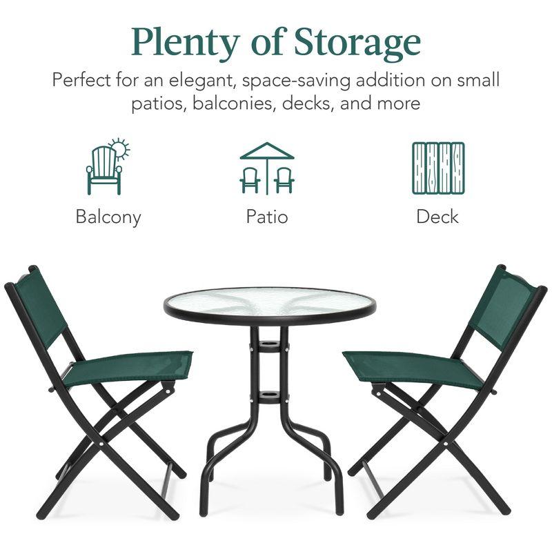 Best Choice Products 3-Piece Patio Bistro Dining Furniture Set w/ Glass Tabletop, Folding Chairs - Dark Green
