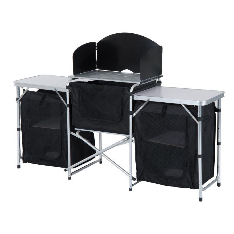 DOMETOUR Outsunny Aluminum Portable Camping Kitchen Table with Windscreen & 3 Cupboards for BBQ, Party, Picnics, Backyards