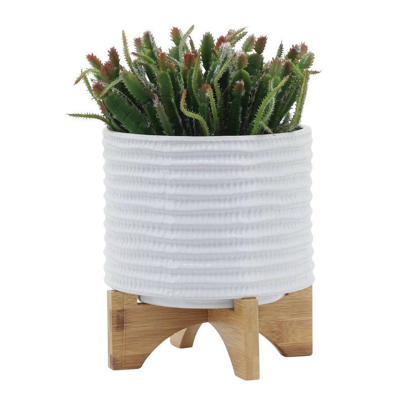 Sagebrook Home Textured Round Ceramic Planter Pot with Wood Stand