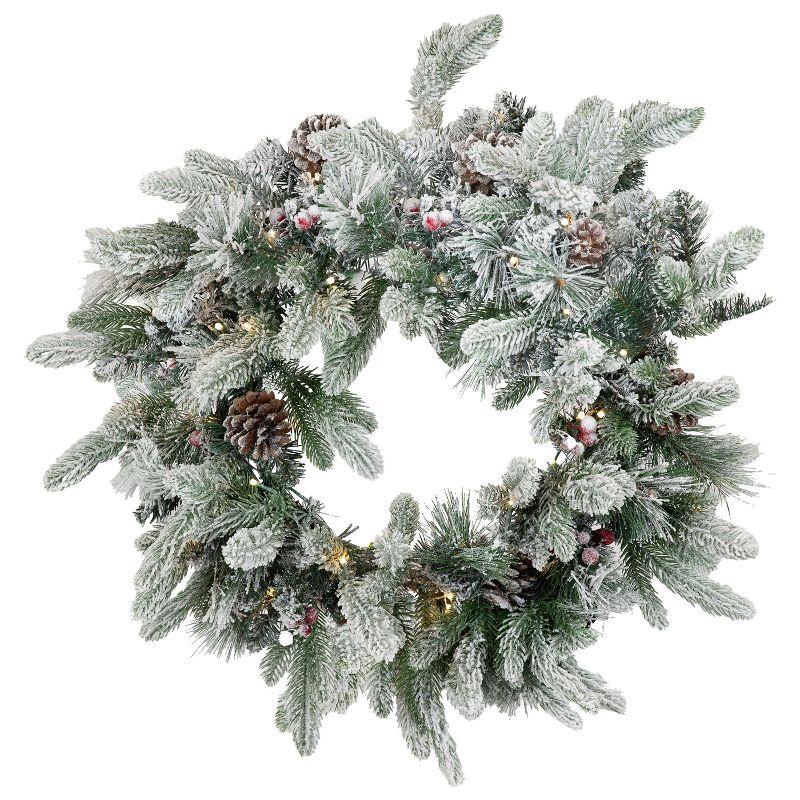 Sunnydaze 24" Diameter Indoor or Outdoor PVC Christmas Wreath with Pinecones and Berries - Flocked