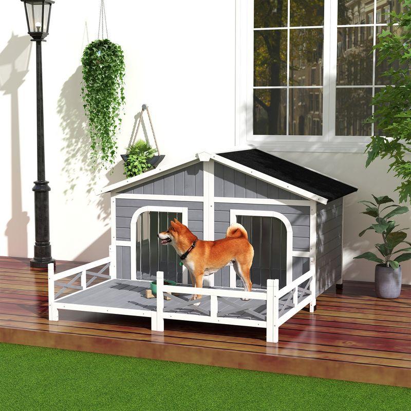 Elevated Large Wooden Dog House with Spacious Sun Deck, Gray