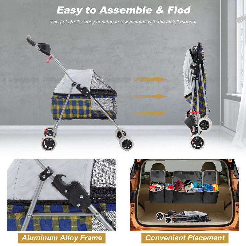 FDW 4 Wheels Pet Stroller Cat Dog Stroller Portable Folding Travel Carrier Strolling Cart Waterproof with Storage Basket,Mesh Windows, Yellow Plaid