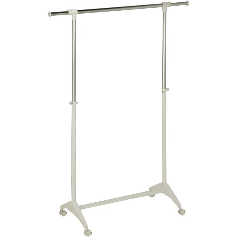 Adjustable Height Chrome and White Rolling Clothes Rack