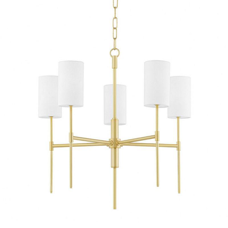 Elegant Aged Brass 5-Light Chandelier with Belgian Linen Shades