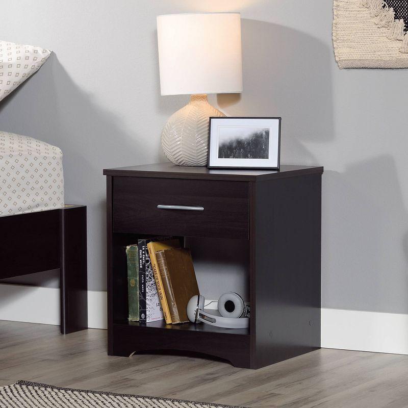 Beginnings Nightstand: Sauder Cinnamon Cherry, Open Shelf, Metal Hardware, CARB Certified