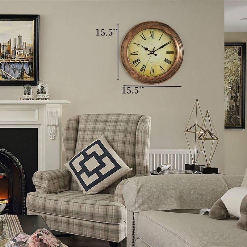 Clockswise 15.5 in Wall Clock for Home Kitchen Living/Dining Room Office Over Fireplace Decor, Easy to Read, Rustic Bronze, Non-Ticking Roman Numerals