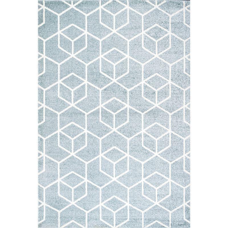 5'x8' Tumbling Blocks Modern Geometric Area Rug, Light Blue/White - JONATHAN Y