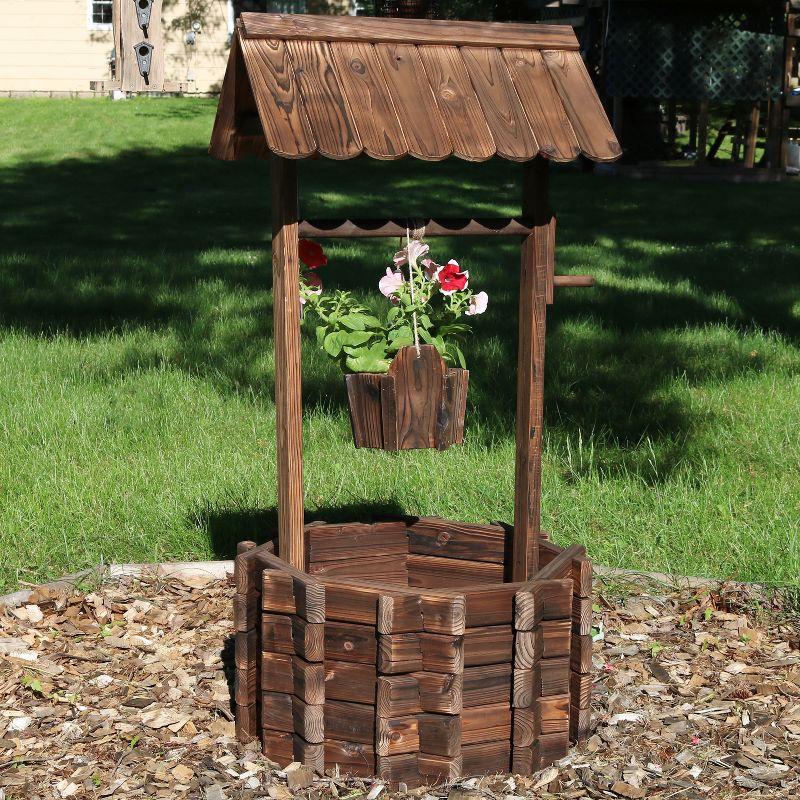 Sunnydaze Outdoor Fir Wood Wishing Well Garden Planter with Hanging Flower Bucket for Garden or Yard - 45" H - Brown