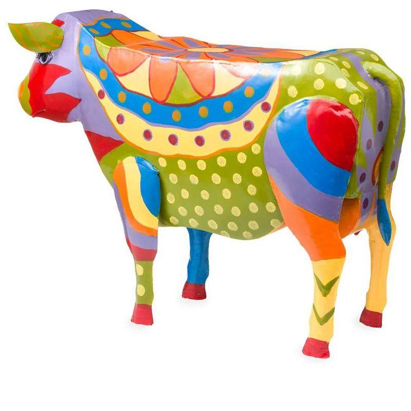 Plow & Hearth - Handmade Colorful Painted Folk Art Cow Metal Side Table for Outdoor Decor