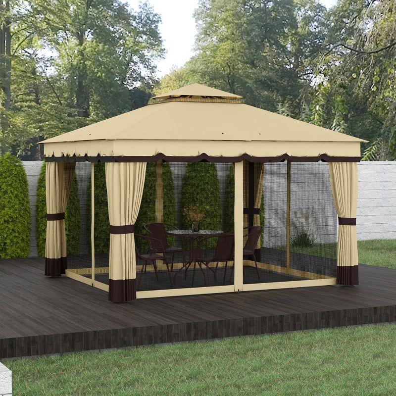 Outsunny 10' x 12' Double Roof Patio Gazebo Canopy, Outdoor Gazebo with Netting and Curtains, for Garden, Lawn and Deck