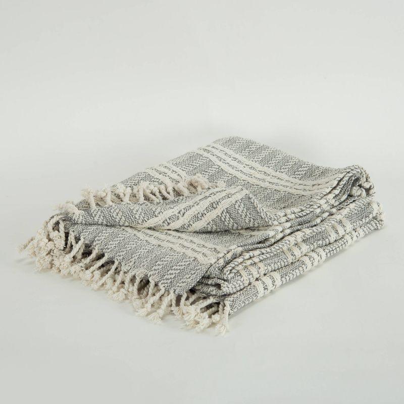 Gray and White Cotton Striped Throw Blanket with Tassels