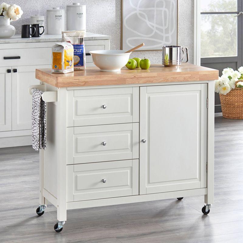 Buylateral Monterey Kitchen Cart White: Rubberwood Serving Cart with Towel Bar & Locking Wheels