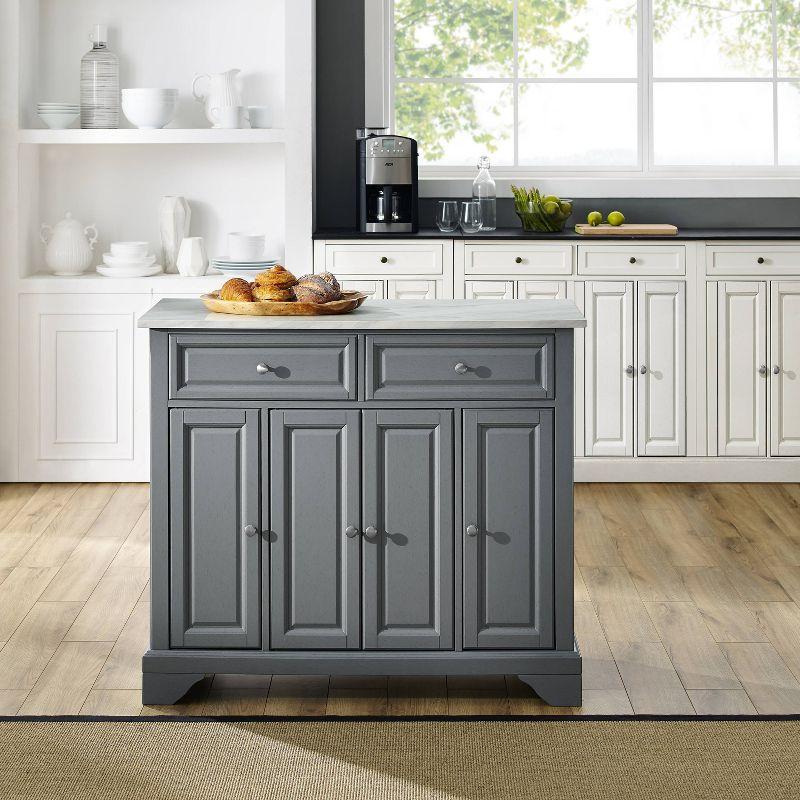 One Allium Way® Kitchen Island With Storage Shelves, Microwave Stand, Coffee Bar, Gray - Birch Veneer, Marble Finish, 2 Drawers & 3 Cabinets, Brushed Nickel Hardware