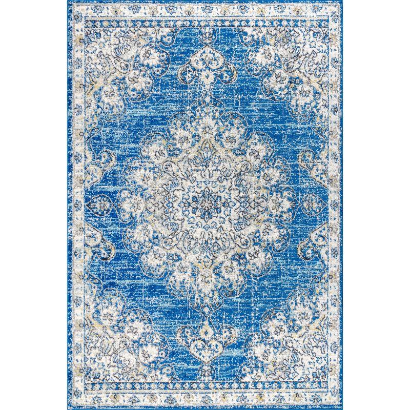 Blue and Cream Medallion Synthetic 4' x 6' Reversible Area Rug