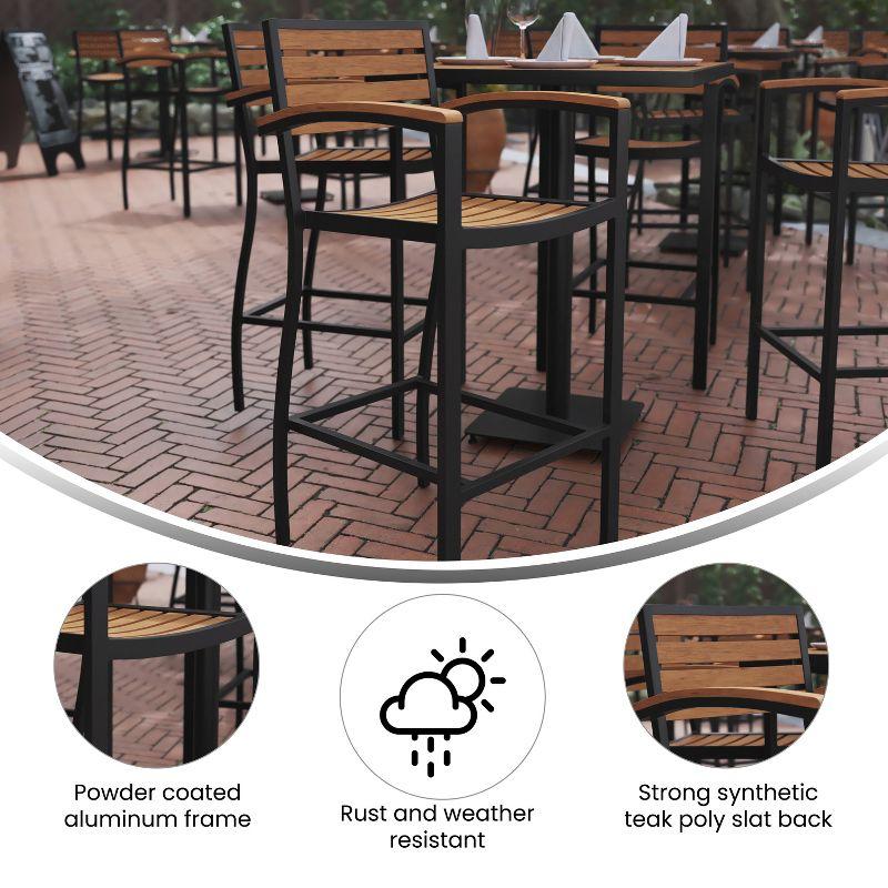 Flash Furniture Lark Commercial Grade Bar Height Stool with Arms, All-Weather Outdoor Bar Stool with Faux Wood Poly Resin Slats and Aluminum Frame