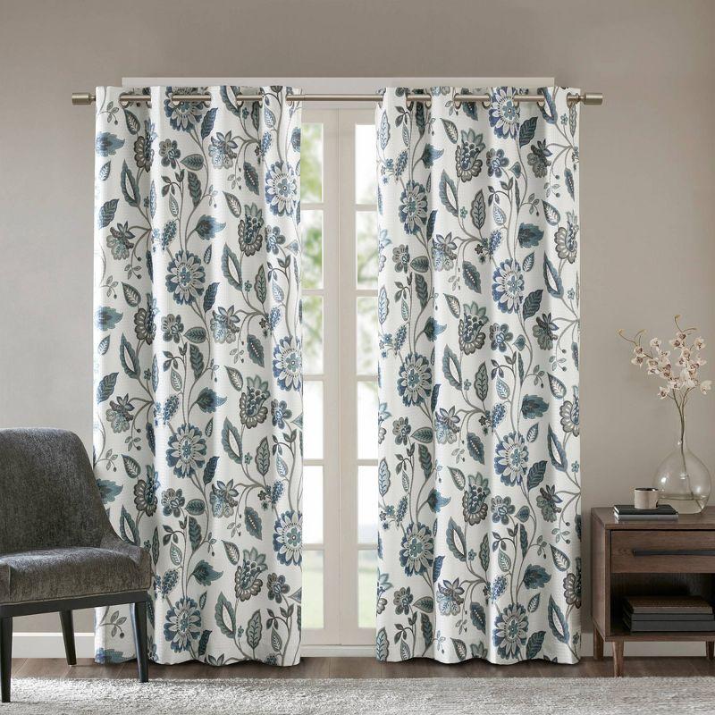 Aqua Floral Jacquard Room Darkening Grommet Curtains