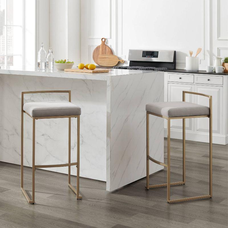 Harlowe Modern Gray Velvet & Steel Bar Stools, Set of 2