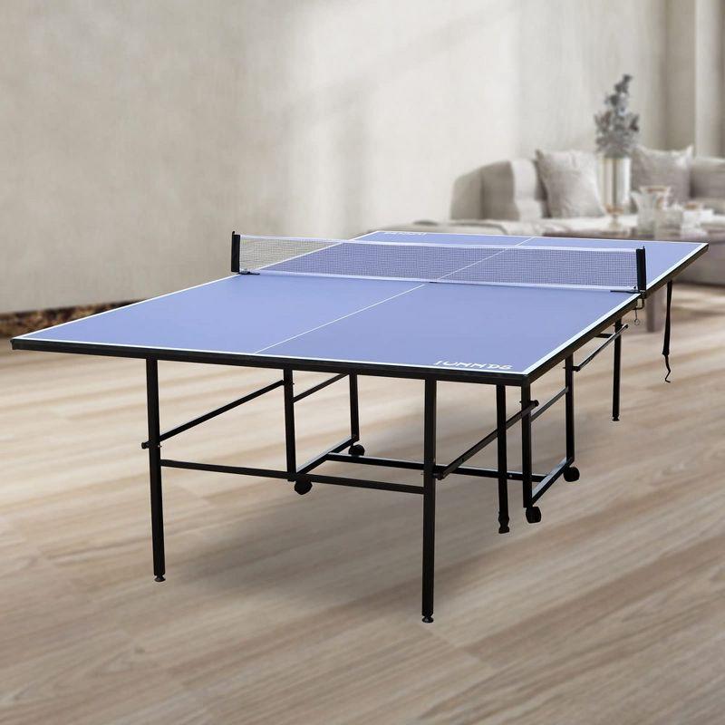 9FT Mid-Size Table Tennis Table, Foldable & Portable Ping Pong Table Set with Net, 2 Table Tennis Paddles and 3 Balls, Easy Assembly with Side Handles