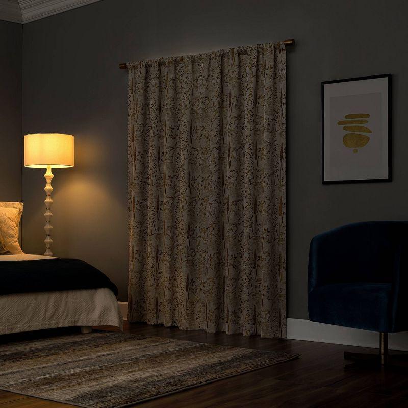 Gold Floral Blackout Pleated Polyester Curtain Panel