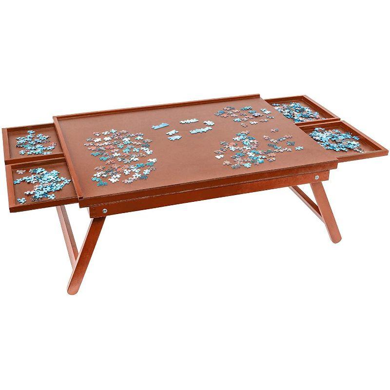 Elegant Wooden Puzzle Organizer Board with Storage and Foldable Legs