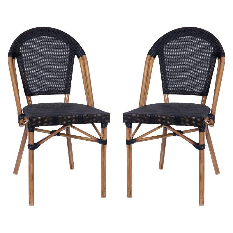 Black Textilene and Bamboo Print Aluminum Bistro Chairs, Set of 2