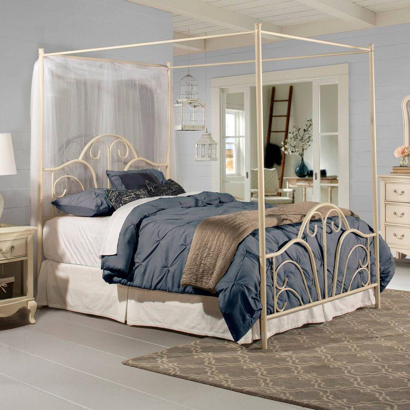 Cream Metal Frame Queen Bed with Scroll Headboard