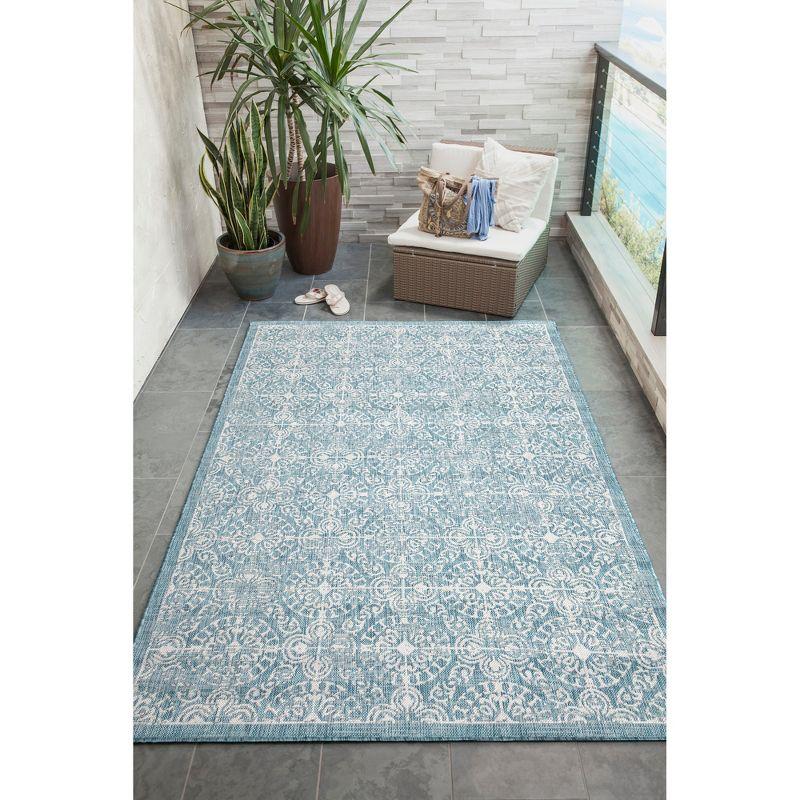 Aqua Antique Tile Medallion Square Outdoor Rug