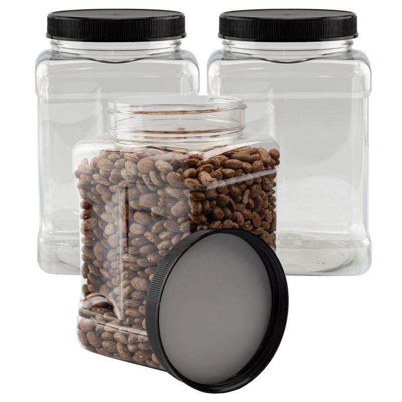 Cornucopia Brands 48oz Square Plastic Jars 3pk; Clear Rectangular 6-Cup Canisters w/ Black Lids, Easy-Grip Side