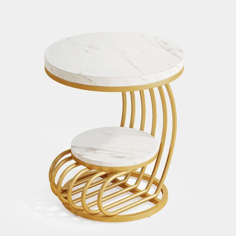 Hommoo Round End Table, 2 Tiers Faux Marble Side Table with Storage Shelf White & Gold