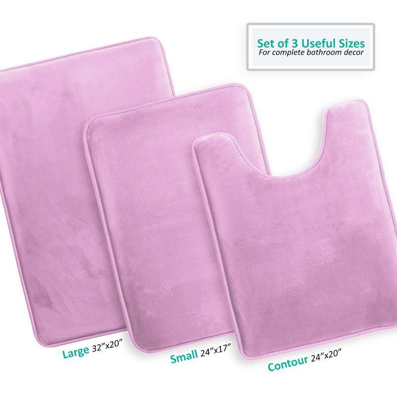 Hearth & Harbor 3 Piece Bathroom Rugs Bath Mat Set, Non-Slip Velvet Memory Foam Bath Mats, Lavender Dream