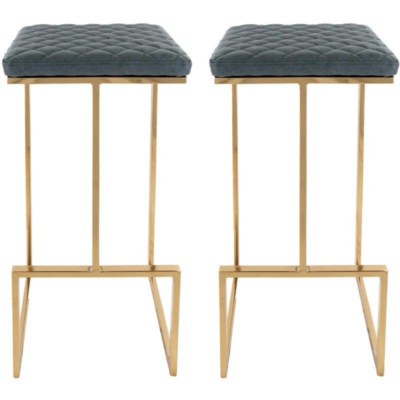 LeisureMod Quincy Modern Quilted Leather Bar Stool – Gold Metal Sled Base Counter Height Chair for Kitchen Island and Counter Seating - Set of 2